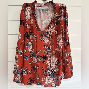 LOFT Floral V-Neck Blouse - Rust and Teal